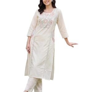 INDO ERA Women's Pure Cotton Floral Embroidered Thread Work Kurta & Palazzo Set | Coord Set Palazzo For Women Cotton