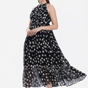 VIRGIO Black Shimmery Maxi Dress for Women with Halter Neck and Gathered Waistband | Tiered Hem Flowing Silhouette in Sheer Star Printed Chiffon | Elegant Evening Resort Wear Outfit